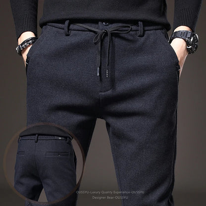 Good Quality Autumn Casual Pants Men Business Slim Elastic Waist Stretch Work Brushed Fabric Blue Trousers Male Brand Clothes