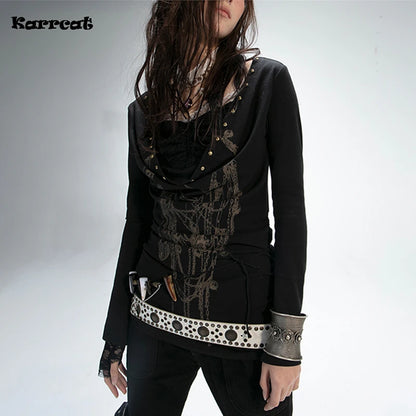 Karrram Grunge Aesthetics Tattoo Print T-shirt Japanese Y2k Fake Two-piece Tops Trashy 2000s Style Streetwear Black Gothic Punk