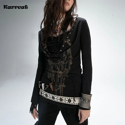 Karrram Grunge Aesthetics Tattoo Print T-shirt Japanese Y2k Fake Two-piece Tops Trashy 2000s Style Streetwear Black Gothic Punk