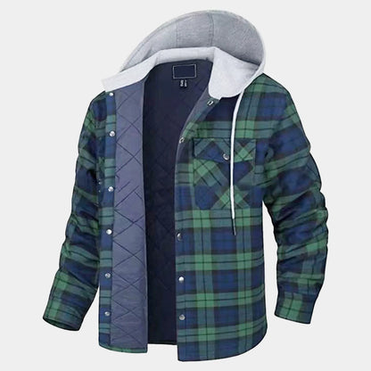 Men'S Flannel Shirt Jacket Plaid Quilted Lined Drawstring Winter Casual Coats Thick Hoodie Outwear Man Fleece Shirts Jacket