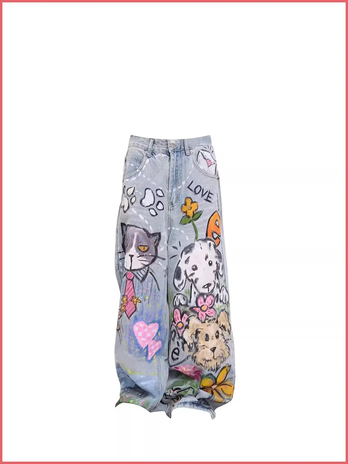 Doodle-printed Jeans American Casual Style Vintage Straight-cut Loose-fitting High-street Wide-leg Pants Y2k Baggy Jeans Ladies