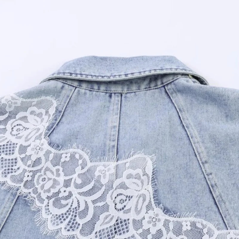 Women Spring Lace Patchwork Denim Jacket Lapel Collar Single Breasted Long Sleeve Loose Cropped Jean Coat Casual Fashion
