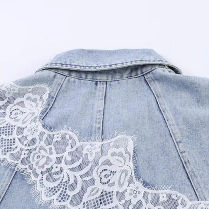 Women Spring Lace Patchwork Denim Jacket Lapel Collar Single Breasted Long Sleeve Loose Cropped Jean Coat Casual Fashion