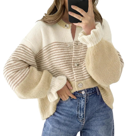 Womens Fall Striped Loose Cardigan Sweaters Ruffle Sleeve Button Up Color Block Sweater Coats