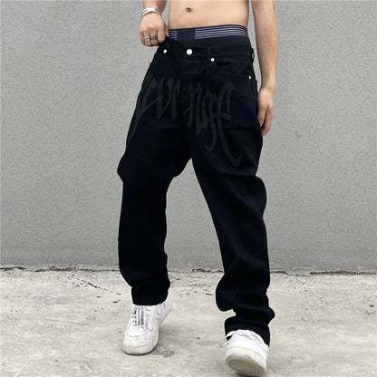 2024 New American Style Embroidered Letters Black Loose Jeans for Men Retro Street Hip Hop Y2K Men's Straight Denim Trousers