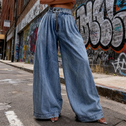Women Harem Denim Pants Causal High Waist Wide Leg Baggy Solid Color Trousers with Pockets