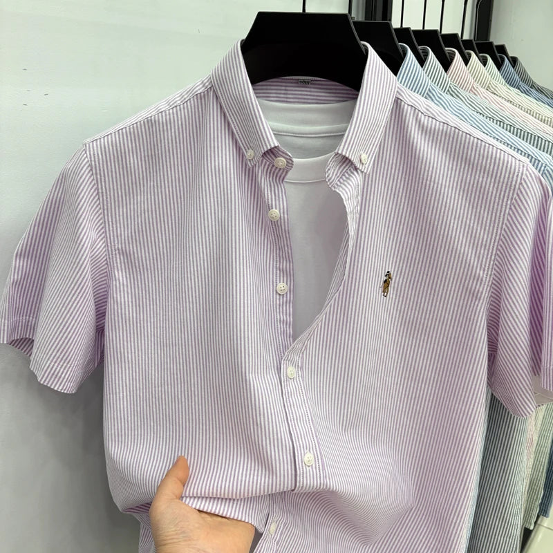 High End Brand Embroidered Striped Shirt Men's Short Sleeved Lapel Business Breathable Shirt Summer New Pure Cotton Jacket