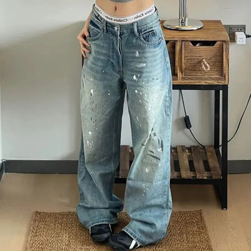 Women Designer High Waisted Jeans Pants Female Chic Print Baggy Denim Pants Girls Fashion Thin Straight Leg Jeans Trousers