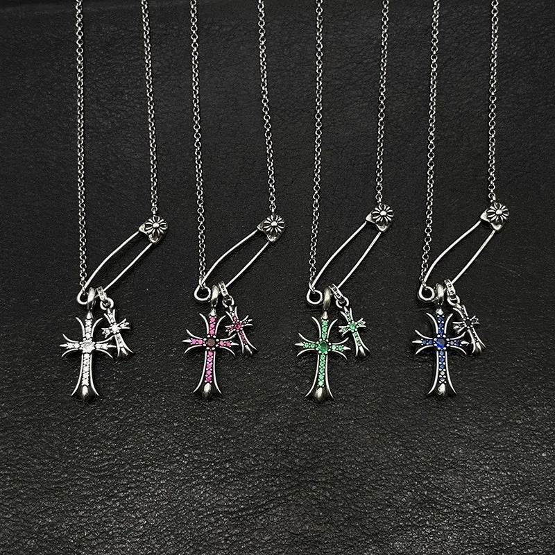 Antique Trendy Xuan Kao Luo Xin Retro Double Cross Pin Necklace Men and Women Personality Collarbone Chain Mix and Match Interne