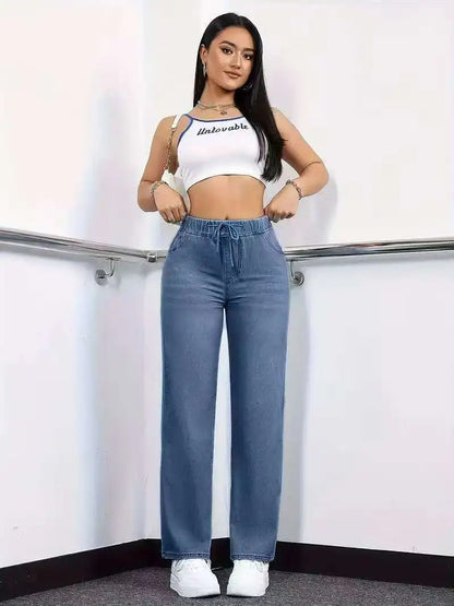 Women's Straight-Leg Jeans Elastic Waistband Drawstring Comfort Fit Casual Stretch Denim Pants