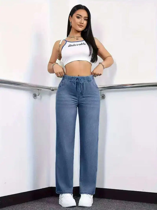 Women's Straight-Leg Jeans Elastic Waistband Drawstring Comfort Fit Casual Stretch Denim Pants