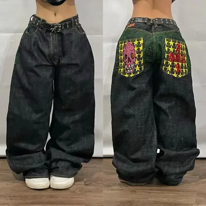 American Fashion Trend Joker Pattern Embroidered Loose Jeans Women Street Y2K New Hip Hop Oversized Wide-leg Pants Unisex Jeans