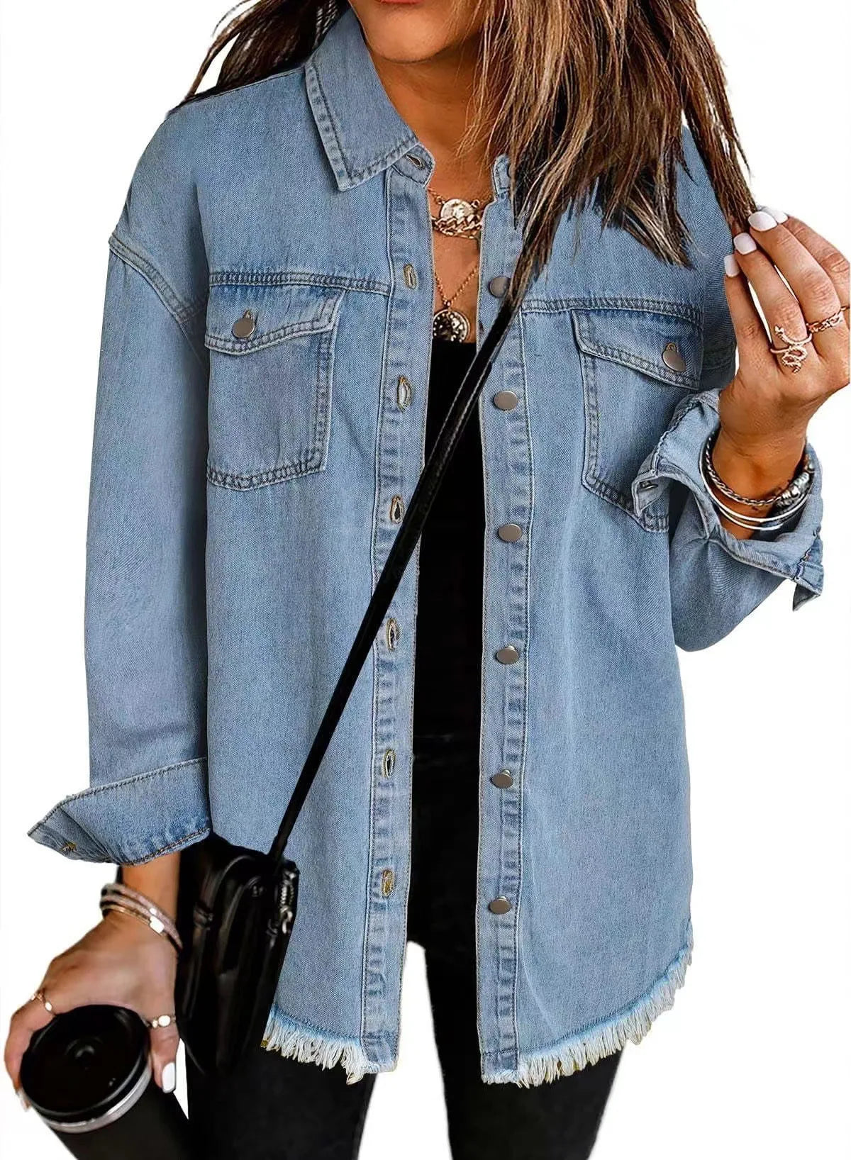 Autumn Winter New Women's Outerwear Denim Shirt Jacket Washed Finish Distressed Hem Single Row Buttons Pockets Street Fashion