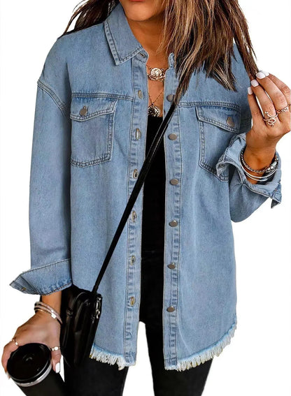 Autumn Winter New Women's Outerwear Denim Shirt Jacket Washed Finish Distressed Hem Single Row Buttons Pockets Street Fashion