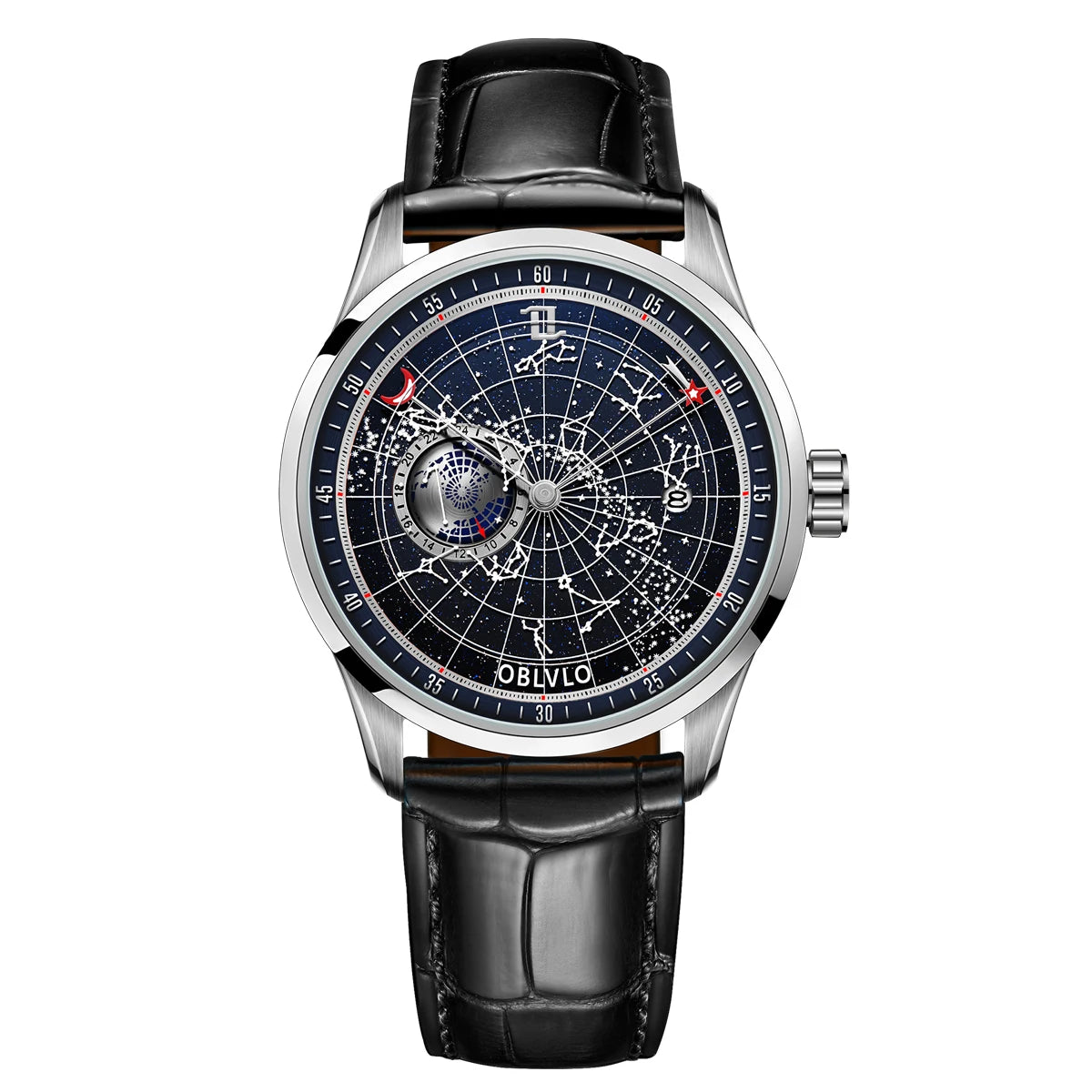 OBLVLO Simple Fashion Automatic Mechanical Watch for Men Luminous Earth Star Leather Strap Waterproof Casual Gift Clock GC