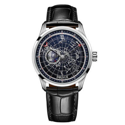OBLVLO Simple Fashion Automatic Mechanical Watch for Men Luminous Earth Star Leather Strap Waterproof Casual Gift Clock GC