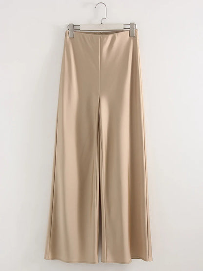 Streamgirl Summer Satin Pants For Women Wide Leg Beige Silk Trousers Long Straight Leg Luxury Pants For Summer Women Elegant