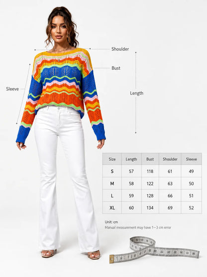 Colorful Wave Stripe Crochet Knit Sweater for Women, Hollow Out Long Sleeve Crewneck Loose Pullover Top, Y2K Retro Bohemian Sweater
