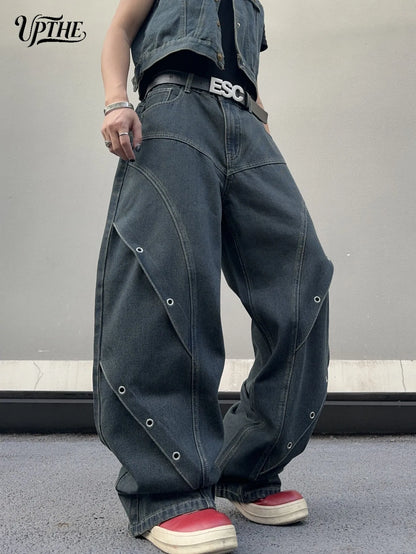UP.THE Men Dark Raw Denim Baggy Wide Leg Jeans, Y2K Oversized Loose Curved Spliced Eyelet Denim Pants, Industrial Streetwear Trousers for Daily Outfits