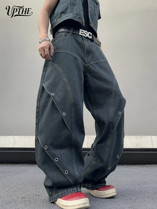 UP.THE Men Dark Raw Denim Baggy Wide Leg Jeans, Y2K Oversized Loose Curved Spliced Eyelet Denim Pants, Industrial Streetwear Trousers for Daily Outfits