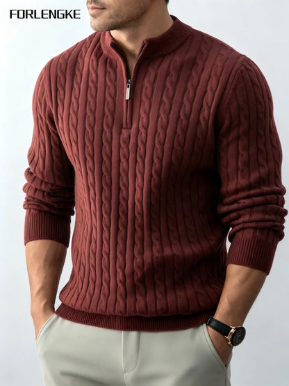 FORLENGKE Men's Business Casual Half Zip Mock Neck Cable Knit Sweater, Soft Warm Acrylic Long Sleeve Pullover for Fall Winter Of