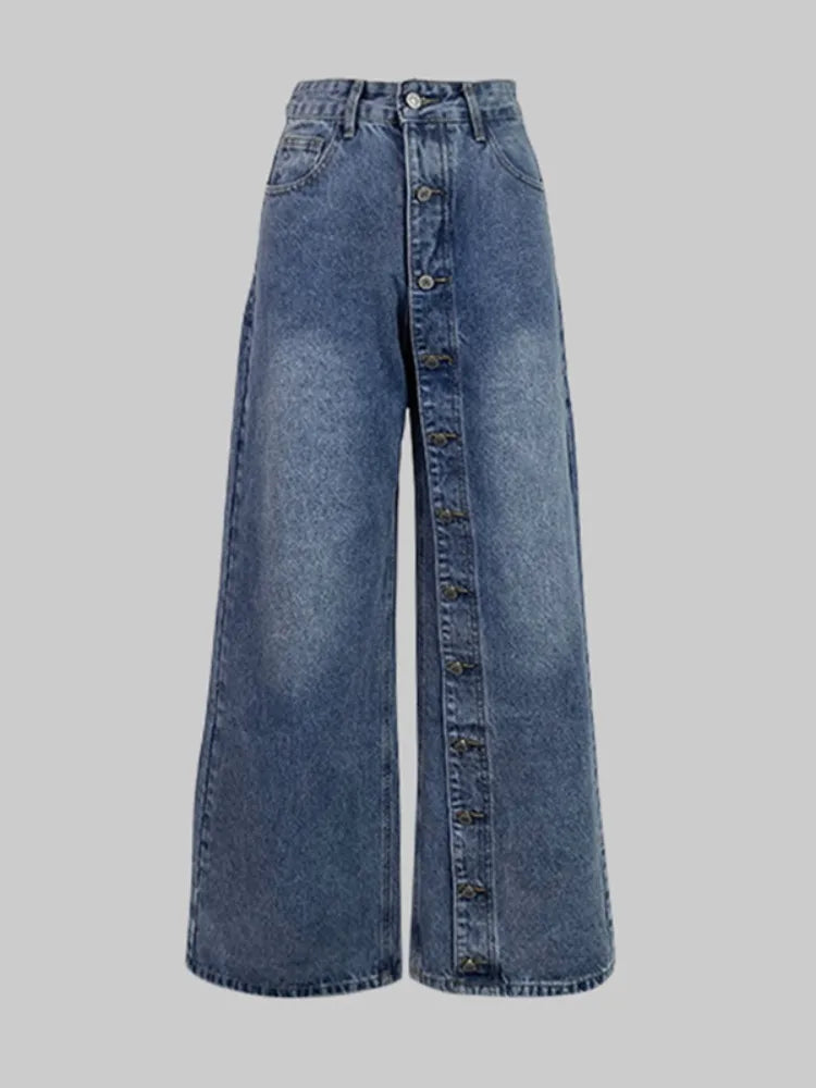 2026 New Women's Wide Leg Denim Pants Vintage Blue Washed Single-Breasted High Waist Retro Loose Jeans Casual Streetwear Bottoms