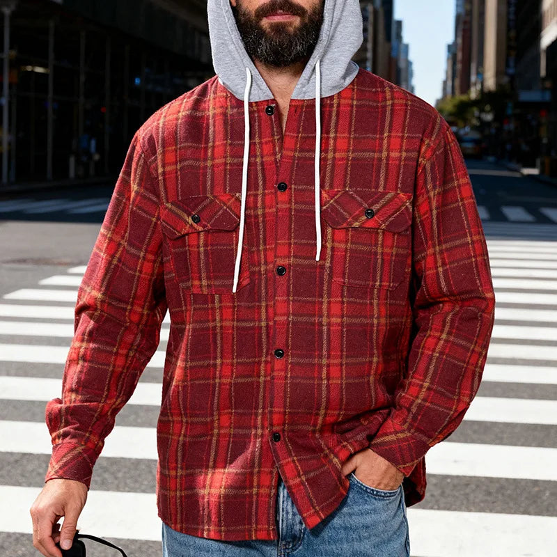 Men's Plaid Flannel Shirt Jacket Detachable Hooded Button-Down Shacket for Casual Wear