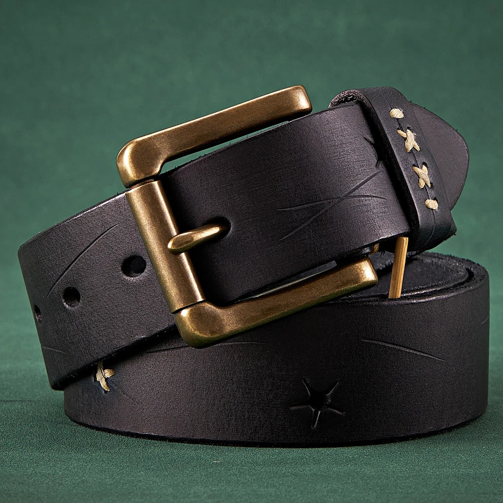 3.8CM Men High Quality Genuine Leather Belt Luxury Designer Brass Pin Buckle Belts Pure Cowskin Vintage Strap Male Jeans for Man