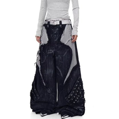 2026 New American  Jeans with Old Washing and Splicing Burrs Women Y2K Hip Hop Popular Casual Joker Wide-leg Pants