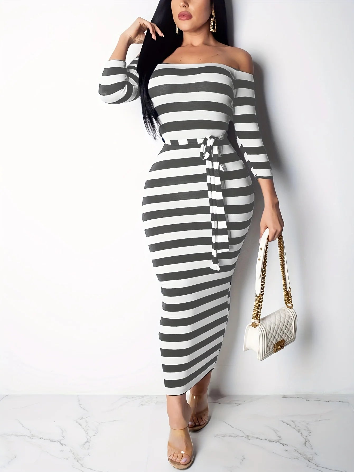 New 2024 Casual Women Dress Summer Striped Bodycon Midi Dresses Slash Neck Lace Up Three Quarter Pencil Dresses