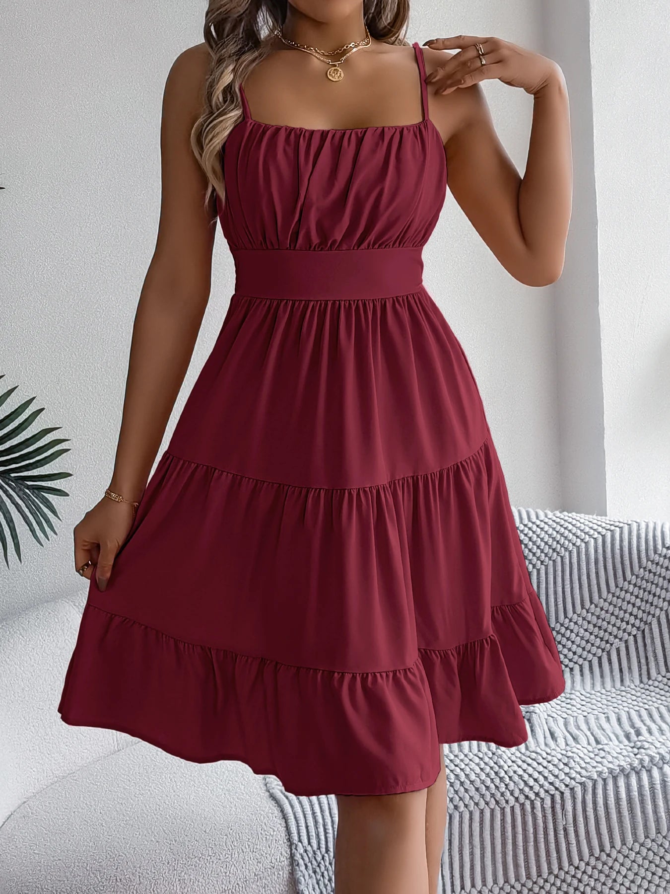 Casual Vacation Ruffled Camisole Dress Spring Summer Women's Solid Dresses for 2026 Valentine's Day Woman Clothing Pink Blue