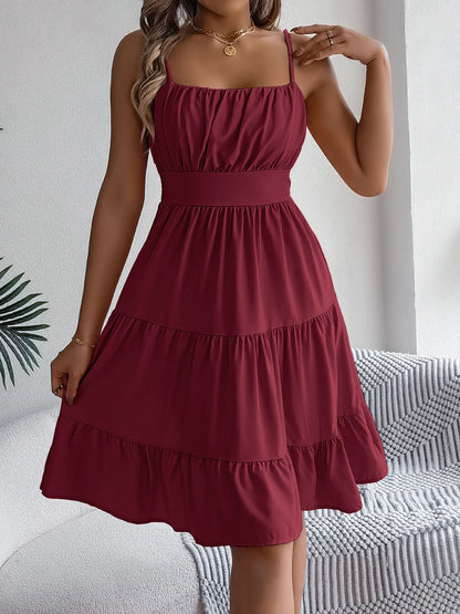 Casual Vacation Ruffled Camisole Dress Spring Summer Women's Solid Dresses for 2026 Valentine's Day Woman Clothing Pink Blue