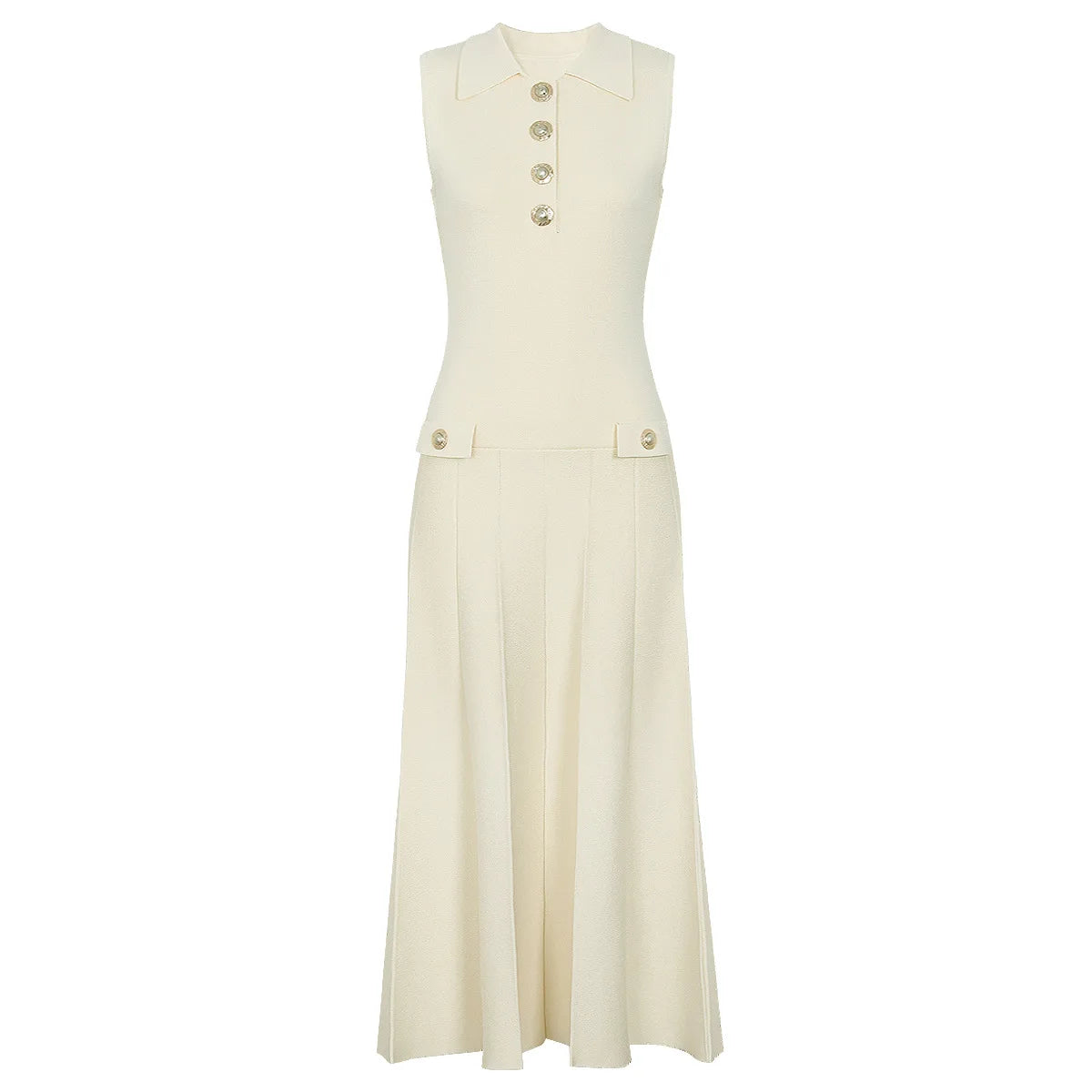 ZJYT Summer New 2026 Fashion Knit Dresses for Women Sleeveless Elegant Turn Down Collar Midi Pleated Casual Party Dress Beige