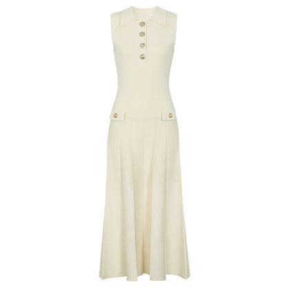 ZJYT Summer New 2026 Fashion Knit Dresses for Women Sleeveless Elegant Turn Down Collar Midi Pleated Casual Party Dress Beige