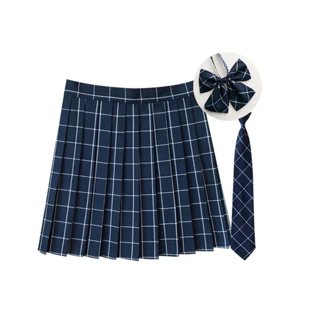Women Summer Plaid Pleated Skirt With Necktie Bowtie Korean Jk Skirt Uniform Japanese School Preppy A Line Mini Skirts