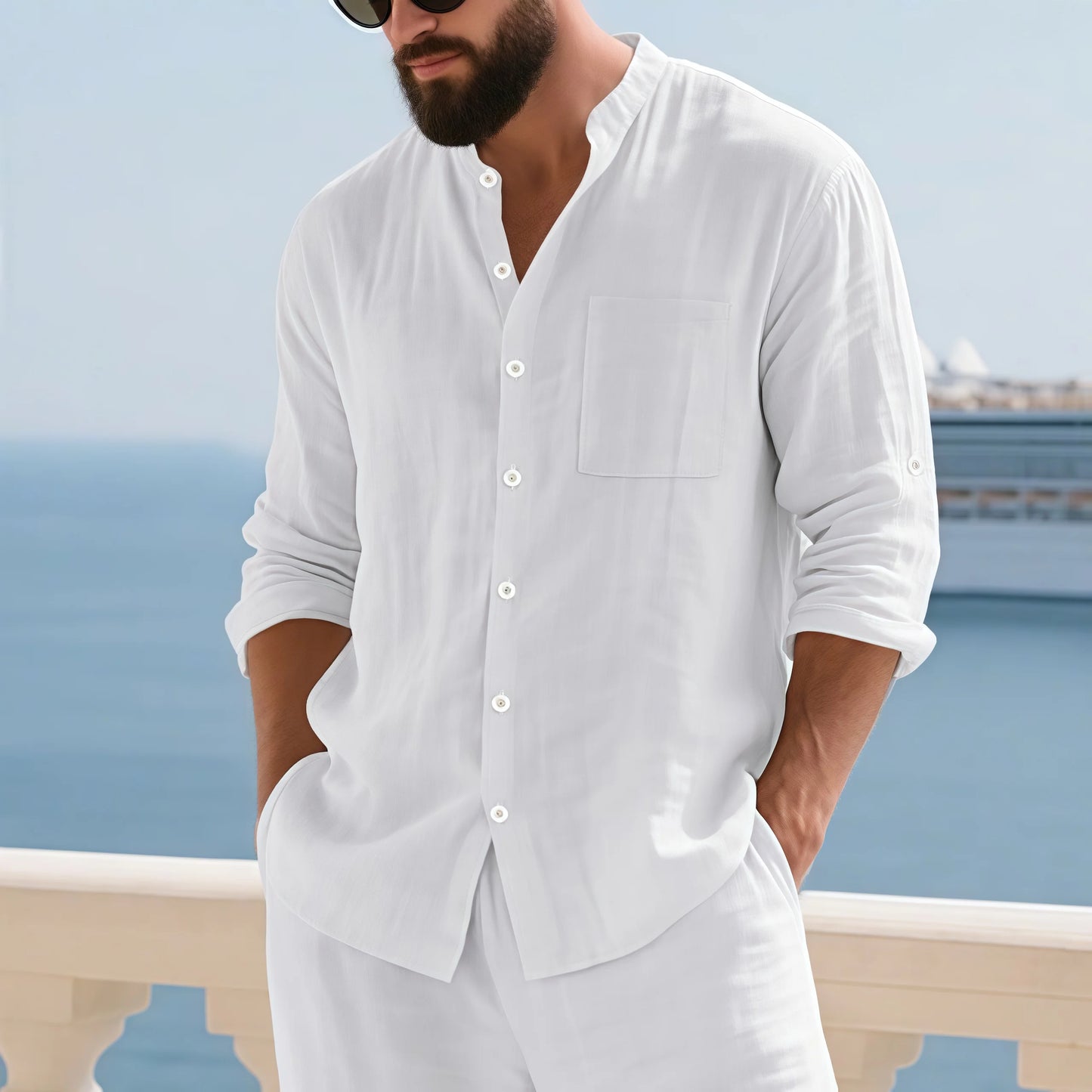 Men White Linen Button Down Long Sleeve Shirt Mandarin Collar Chest Pocket Roll Tab Cuff Loose Oversized Breathable Textured Beach Vacation Casual Holiday Top