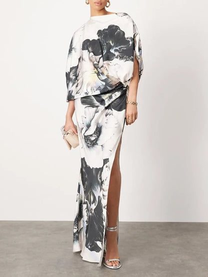 Gymystars Fashion Evening Dresses Floral Printed Long Dress for Women Summer Art Asymmetric Bat Sleeves One-Shoulder Party Dress