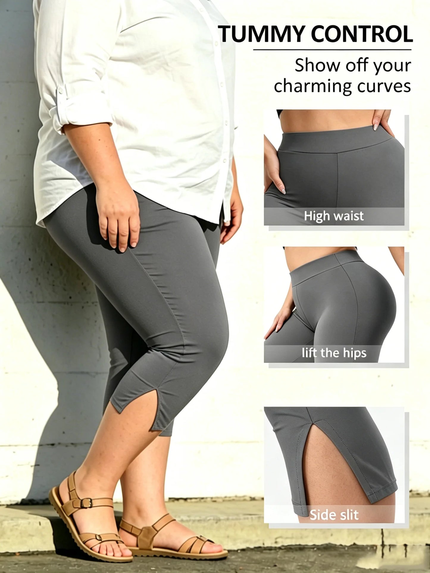 Women's Plus Size Capri Leggings High Waist Tummy Control, Stretchy Yoga Workout Pants (XL-5X) - Capri Split Hem Pants Plus Size