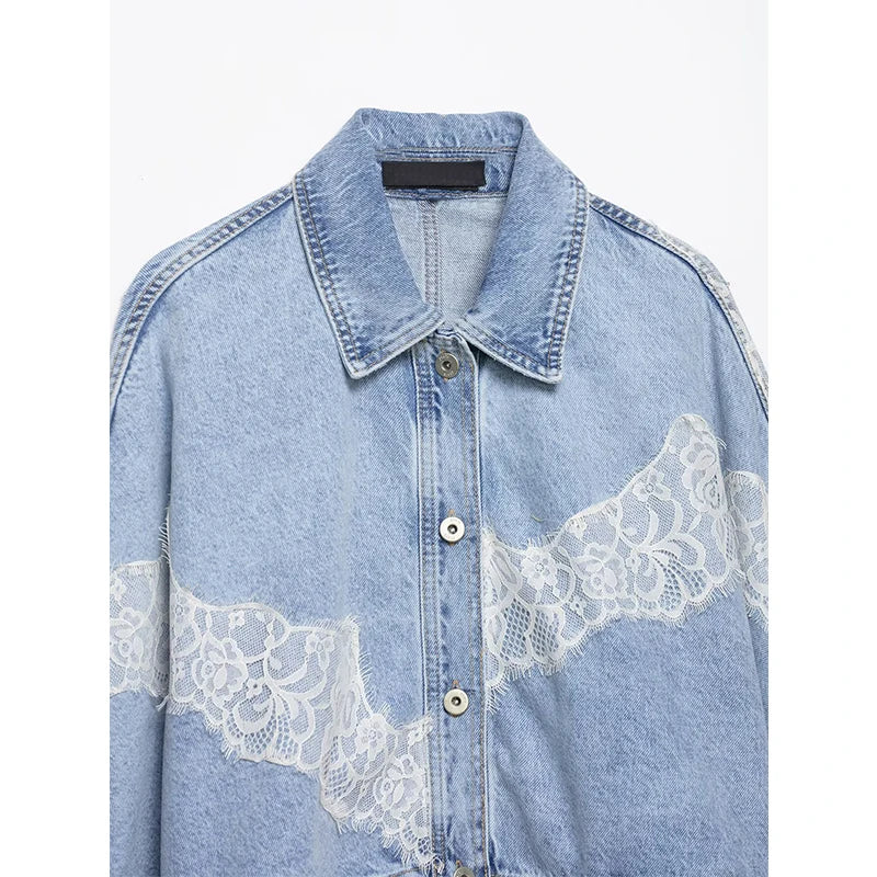 YENKYE New 2026 Women's Light Blue Lace Patchwork Cropped Denim Jacket Front Button Long Sleeve Loose Coat Streetwear
