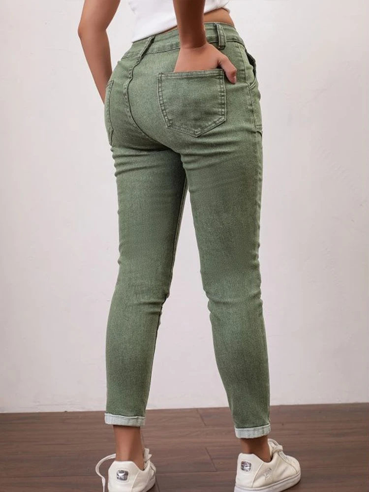 Women's Stretch Jeans High-Waisted Army Green Skinny Cuffed Hem Pants Splicing Design Autumn Casual Outdoor Trousers