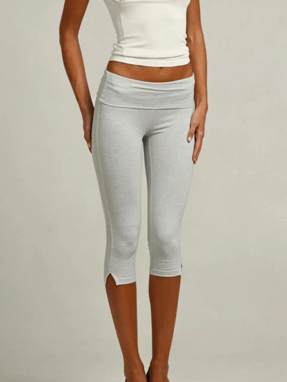 Women's Y2K Low Waist White Capri Leggings Fold Over Waistband Split Hem Solid Color Slim Fit Stretchy Cropped Leggings Buttery