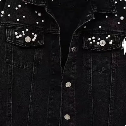 Blue Black Denim Jacket Woman Denim Coat Turn Down Collar Single Breasted Beaded Pearl Loose Casual Regular Short Jacket