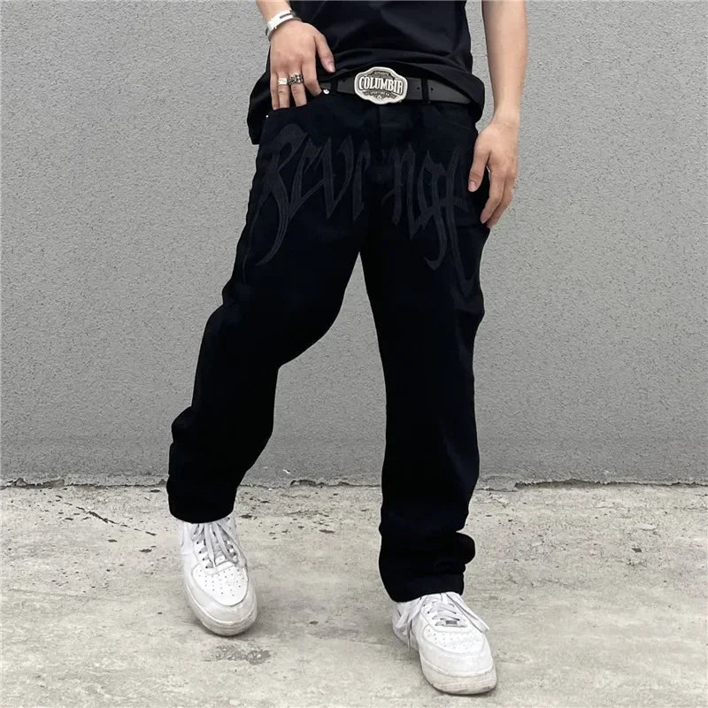 2024 New American Style Embroidered Letters Black Loose Jeans for Men Retro Street Hip Hop Y2K Men's Straight Denim Trousers