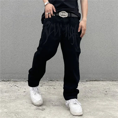 2024 New American Style Embroidered Letters Black Loose Jeans for Men Retro Street Hip Hop Y2K Men's Straight Denim Trousers