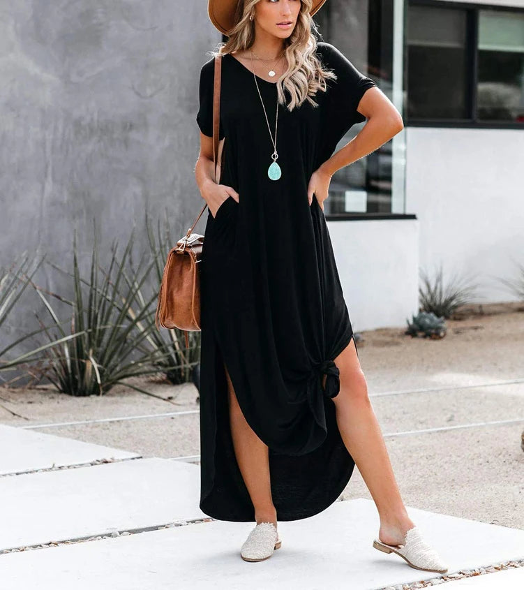 Women's Short Sleeve V-Neck Tie Dye Maxi Dress, Gradient Color Casual Loose Dress with Pockets & Side Slit, Perfect for Beach