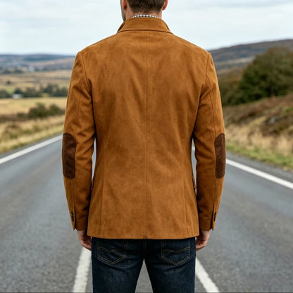 Vintage Men's Suede Blazer Notch Lapel Elbow Patches Slim Fit Jacket Business Casual Men Fashion Outerwear for Spring Autumn