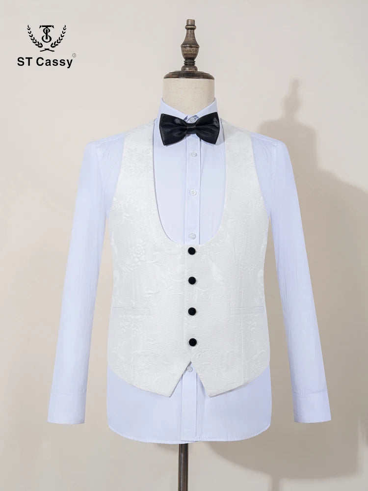 ST Cassy High Quality white party outfit for man luxury Retro carving Slim Fit Tuxedo Prom Suit Fashion Male Groom Wedding