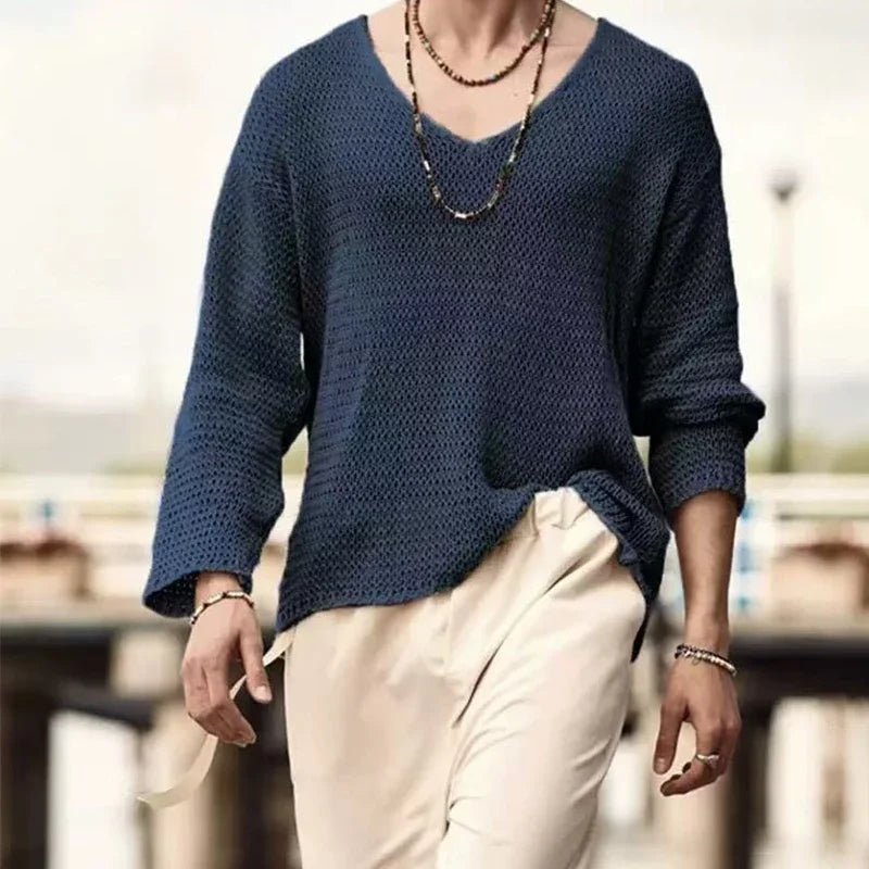 Men's Loose Long Sleeve Casual Hollow Knitted Sweater 2025 Fashion Versatile Outer Shirt Casual Top