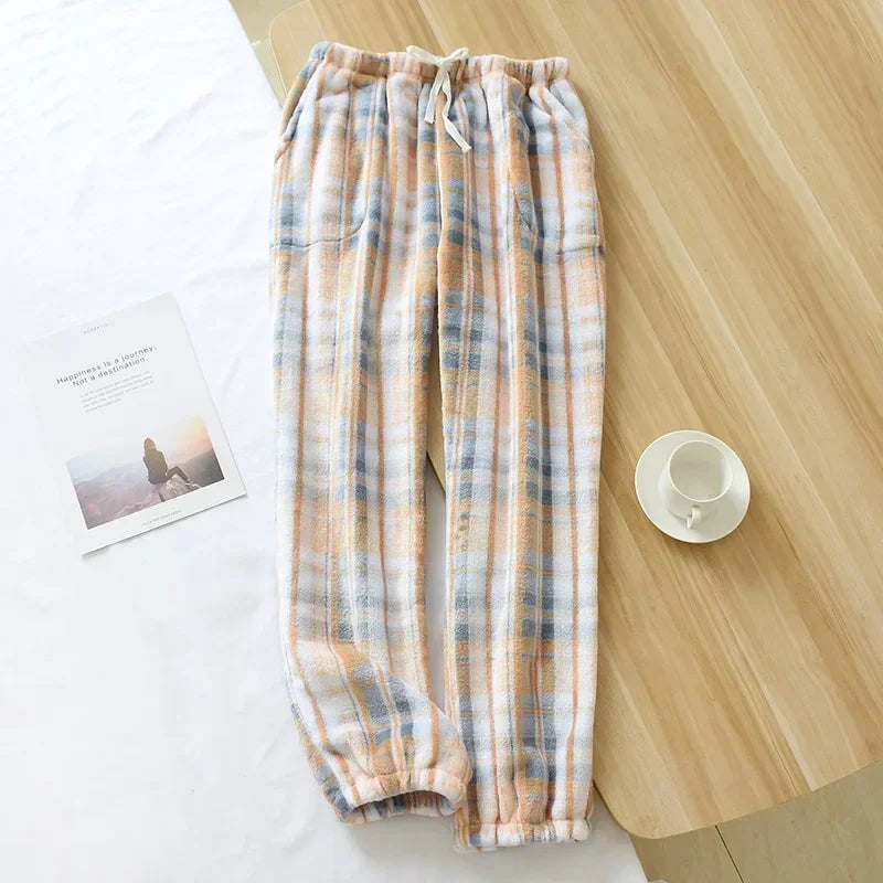 Pajama Pants Women's Autumn and Winter Trousers Couple Warm Pants Thickened Loose Warm Beam Feet Flannel Men's Home Pants