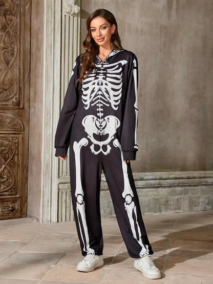 Women Skeleton Halloween Costume Hooded Jumpsuit Full Bone Print Zipper Onesie Cosplay Party Fancy Dress Outfit
